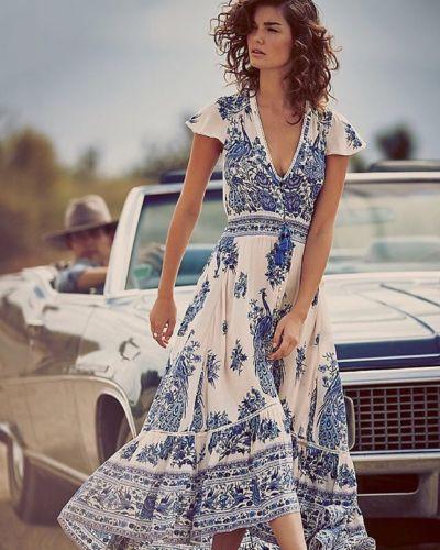 Porcelain Print Deep V-Neck Flutter Sleeve Tiered Maxi Dress
