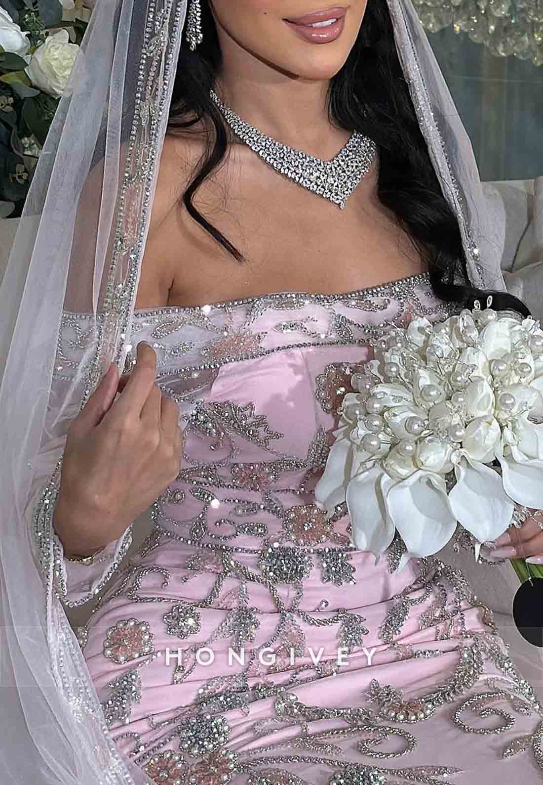 Floral Pink Long Sleeves Off the Shoulder Floor-Length Trumpet Bridal Gown