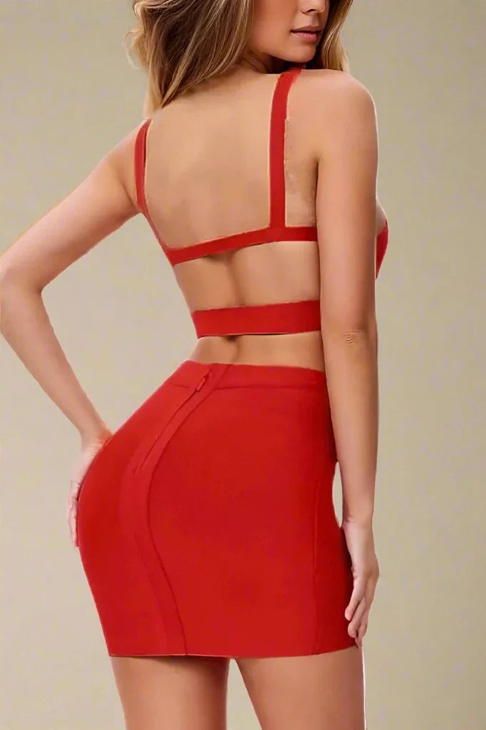 Ang Bandage Top and Mini Skirt Set - Lipstick Red - Fashionpara