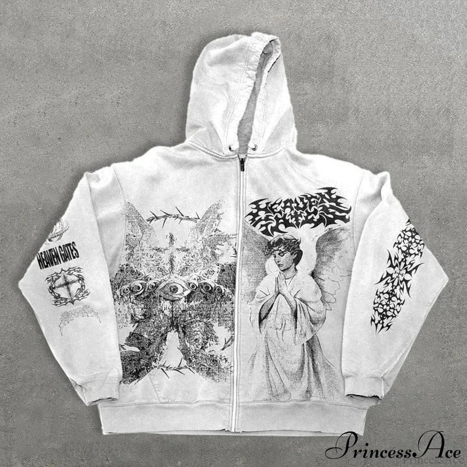 Angel Print Y2K Zip Loose Hoodie White / XS