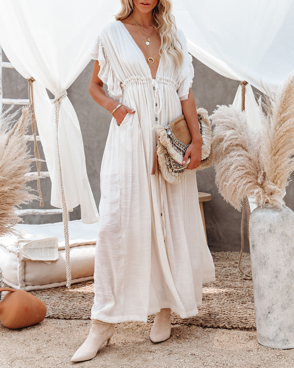 V-Neck Flutter Sleeve Button Front Drawstring Maxi Dress