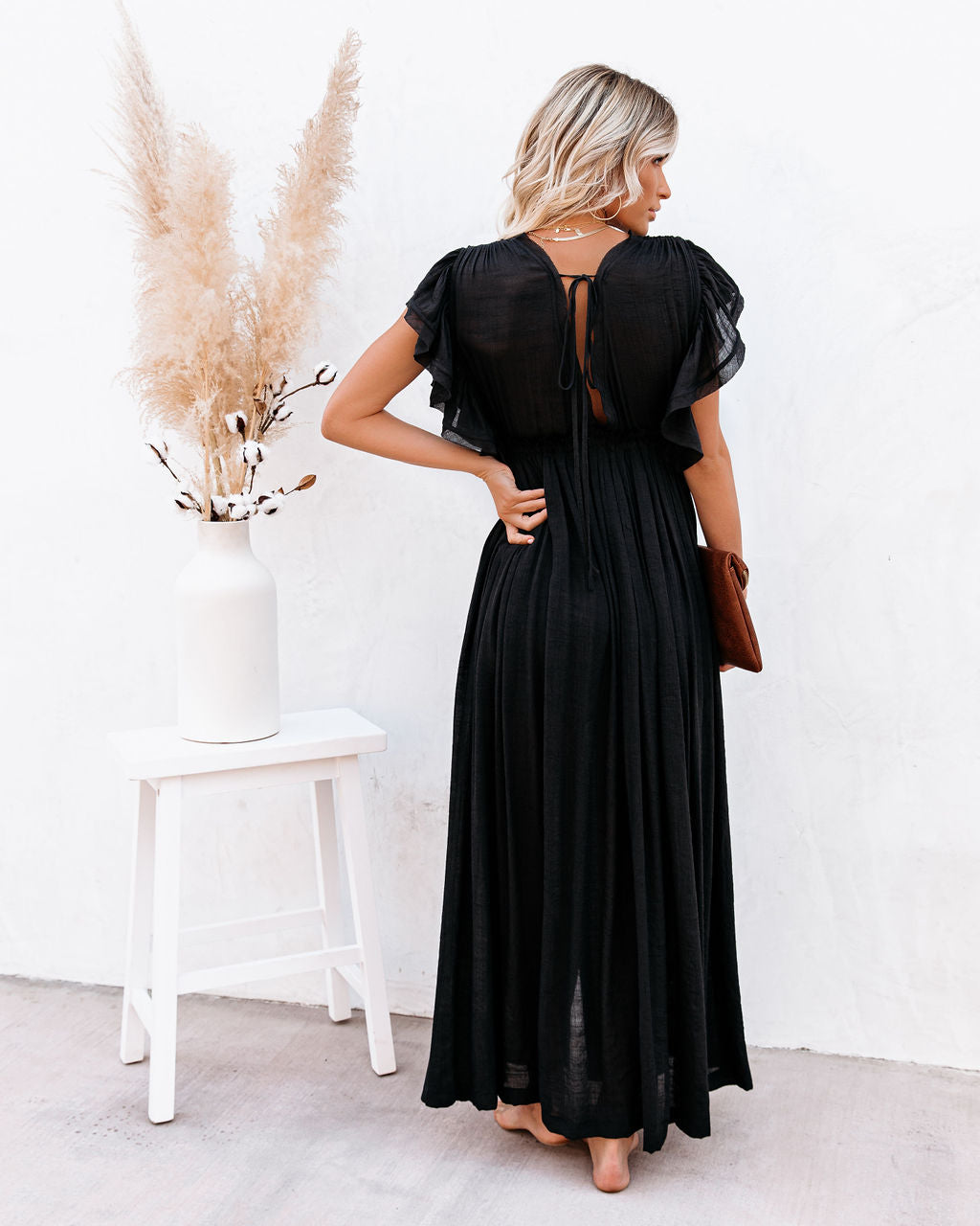 V-Neck Flutter Sleeve Button Front Maxi Dress