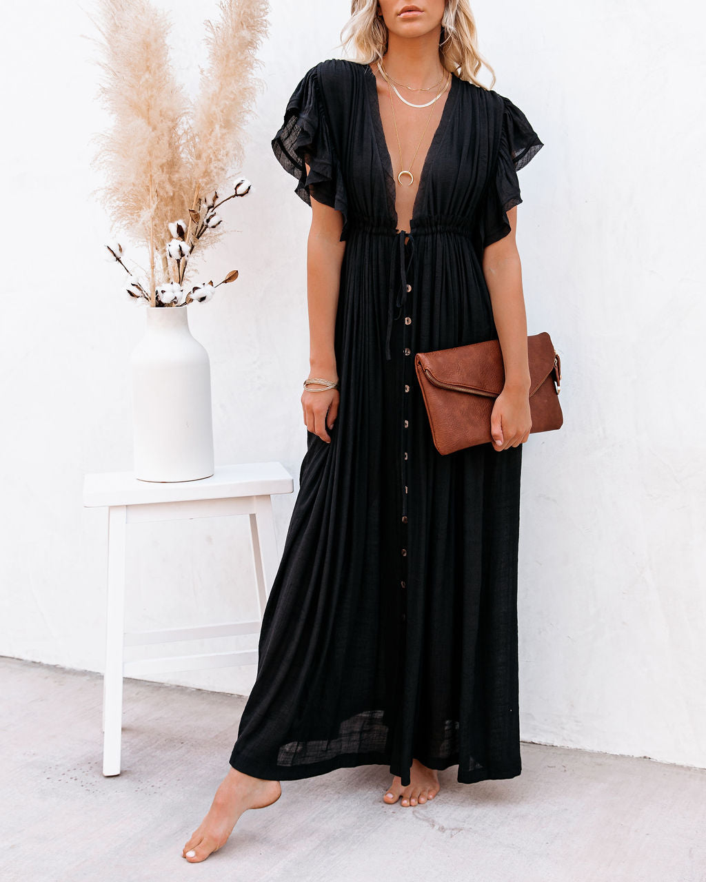 V-Neck Flutter Sleeve Button Front Maxi Dress