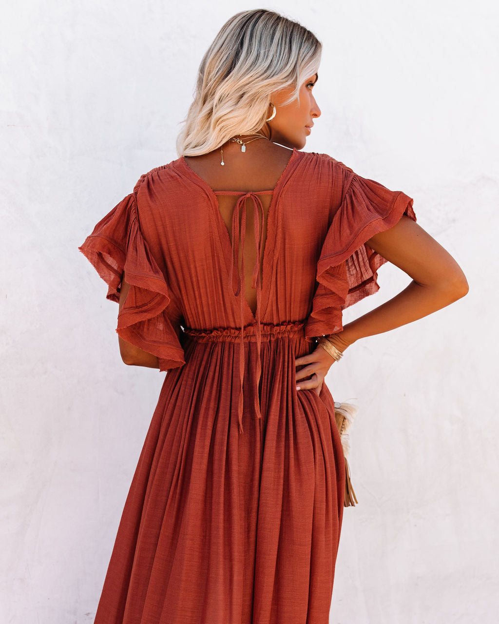 V-Neck Flutter Sleeve Button Front Drawstring Maxi Dress
