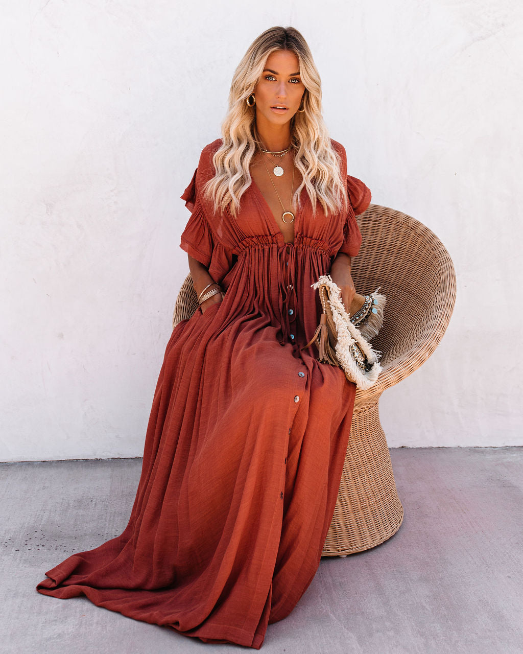 V-Neck Flutter Sleeve Button Front Drawstring Maxi Dress