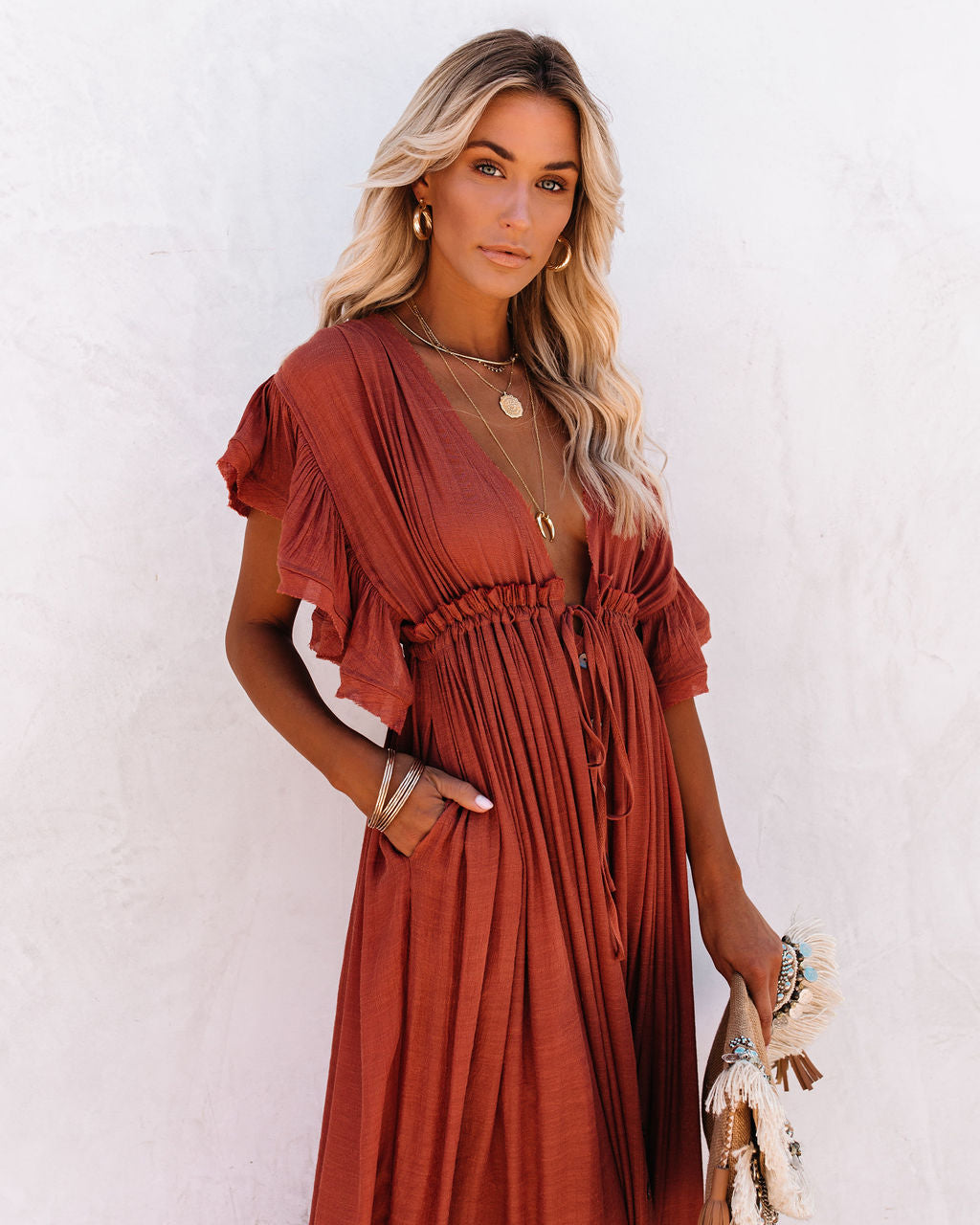 V-Neck Flutter Sleeve Button Front Drawstring Maxi Dress