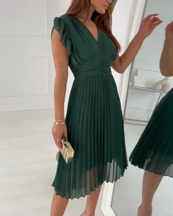 Deep V-Neck Flutter Sleeve Ruched Waist Accordion Pleated Midi Dress