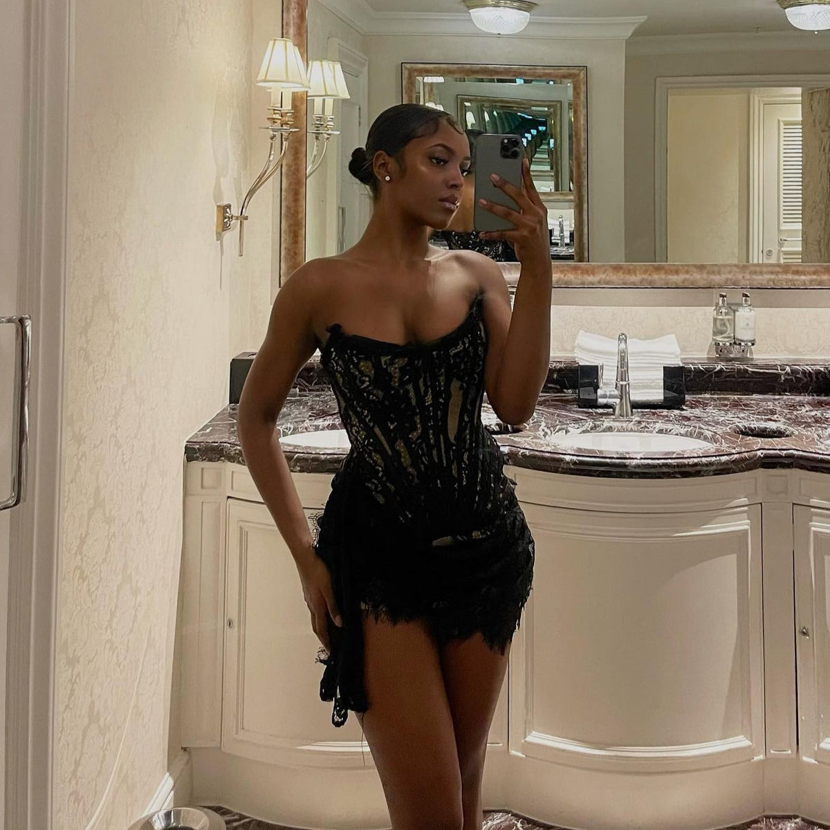 Sheer Lace Strapless Corset Draped Mini Dress 8