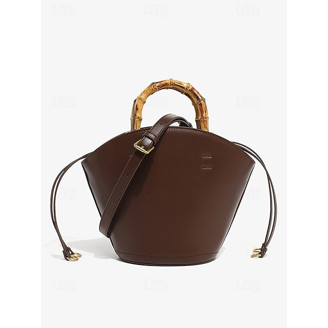 Brown Bamboo Leather Bucket Bag Handle with