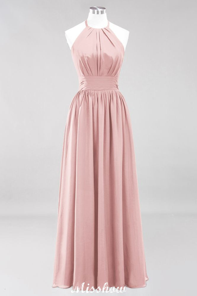 Appliques Halter Sleeveless Floor-Length Bridesmaid Dresses with Ruffles A-line Chiffon Evening Maxi Dress