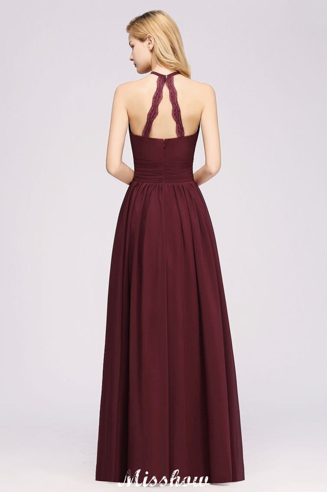 Appliques Halter Sleeveless Floor-Length Bridesmaid Dresses with Ruffles A-line Chiffon Evening Maxi Dress