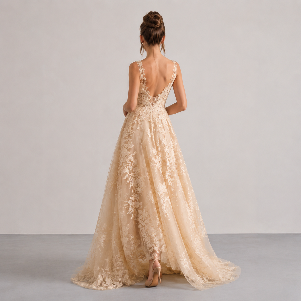 Deep V-Neck Floral Lace A-Line Wedding Gown 6
