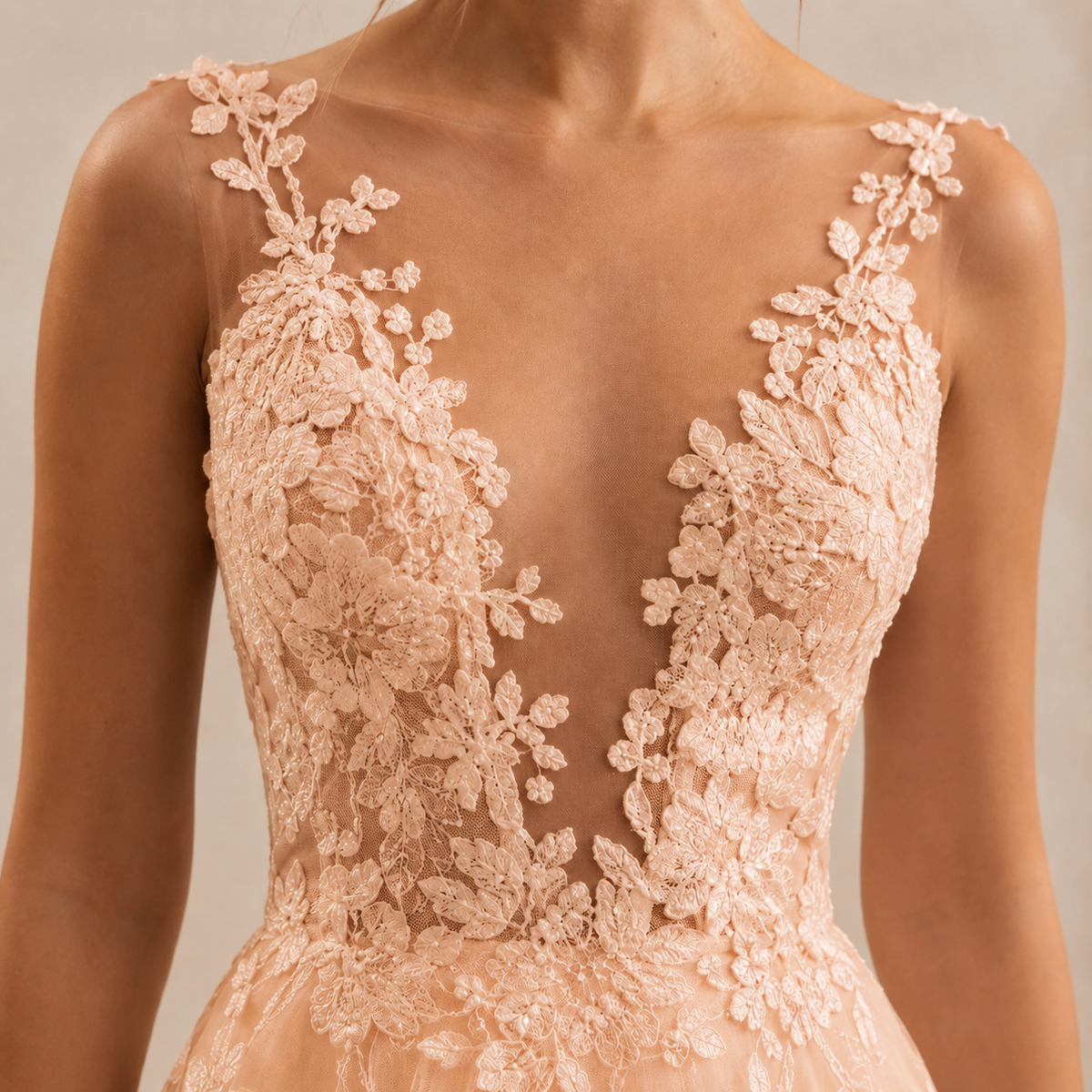 Deep V-Neck Floral Lace A-Line Wedding Gown 5