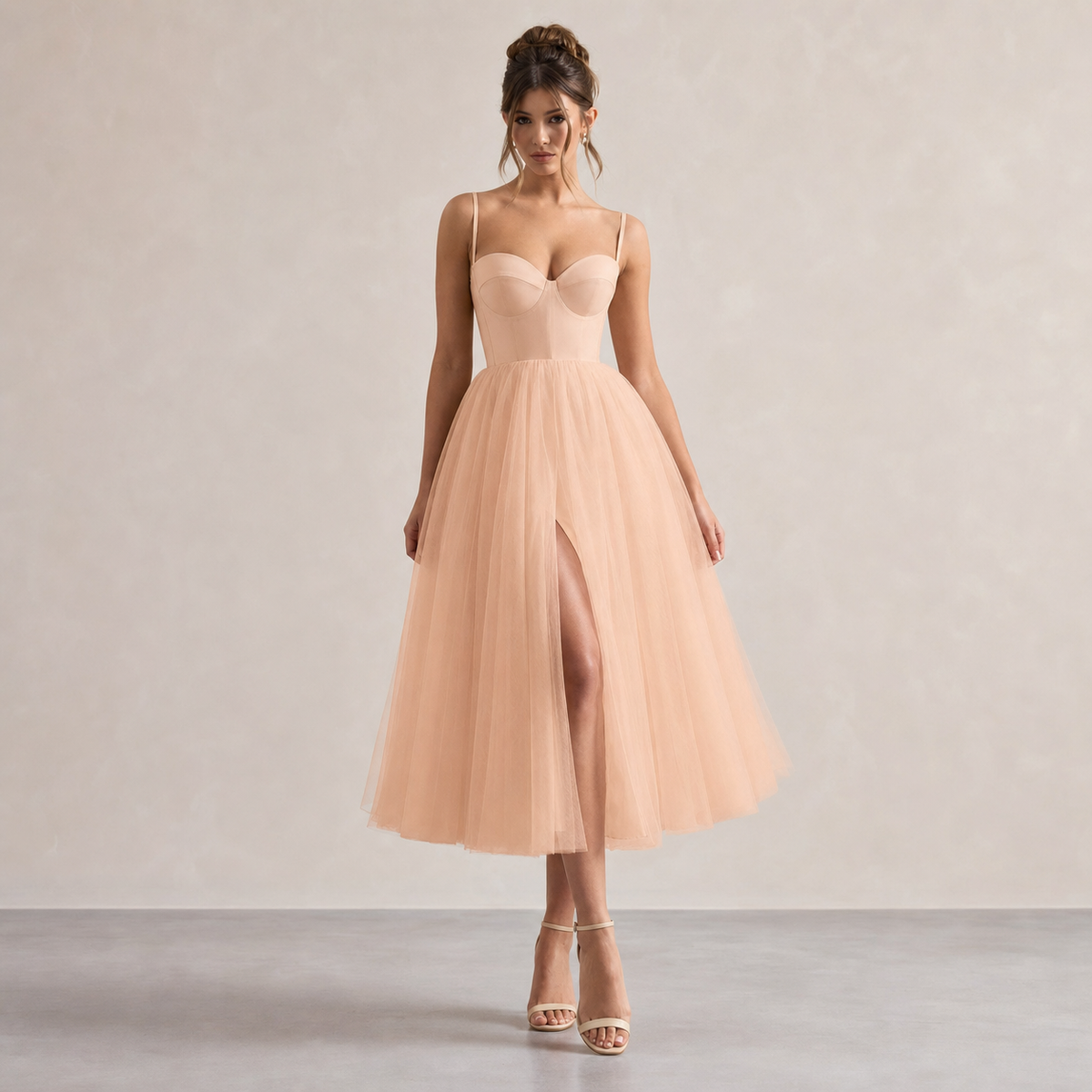Sweetheart Strappy Corset Split Tulle Midi Dress 13