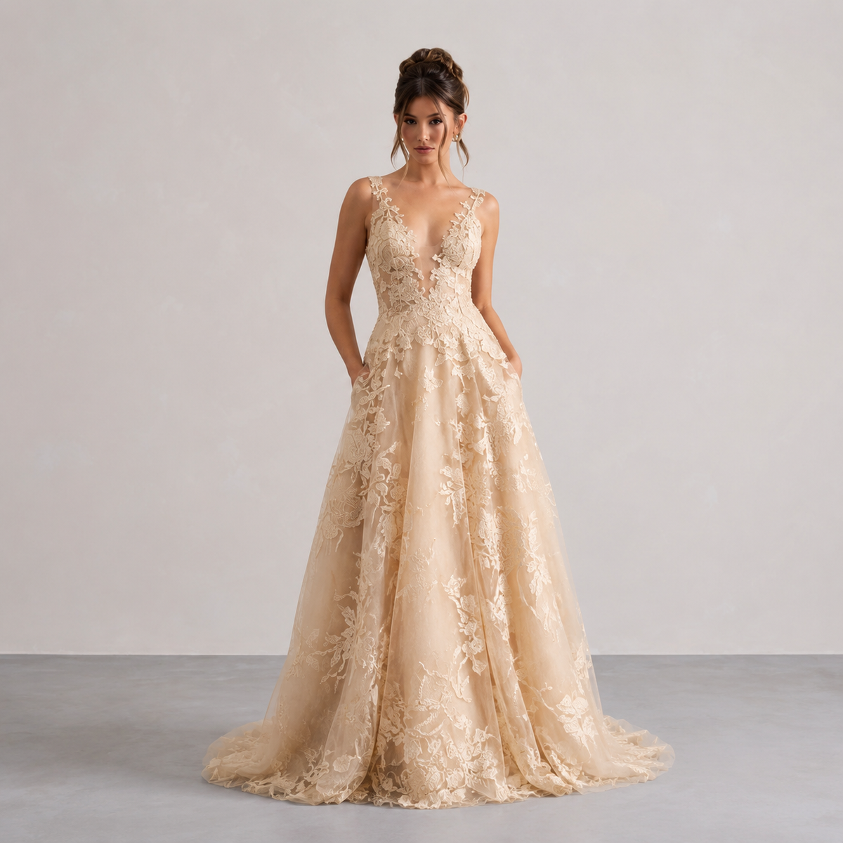 Deep V-Neck Floral Lace A-Line Wedding Gown 4