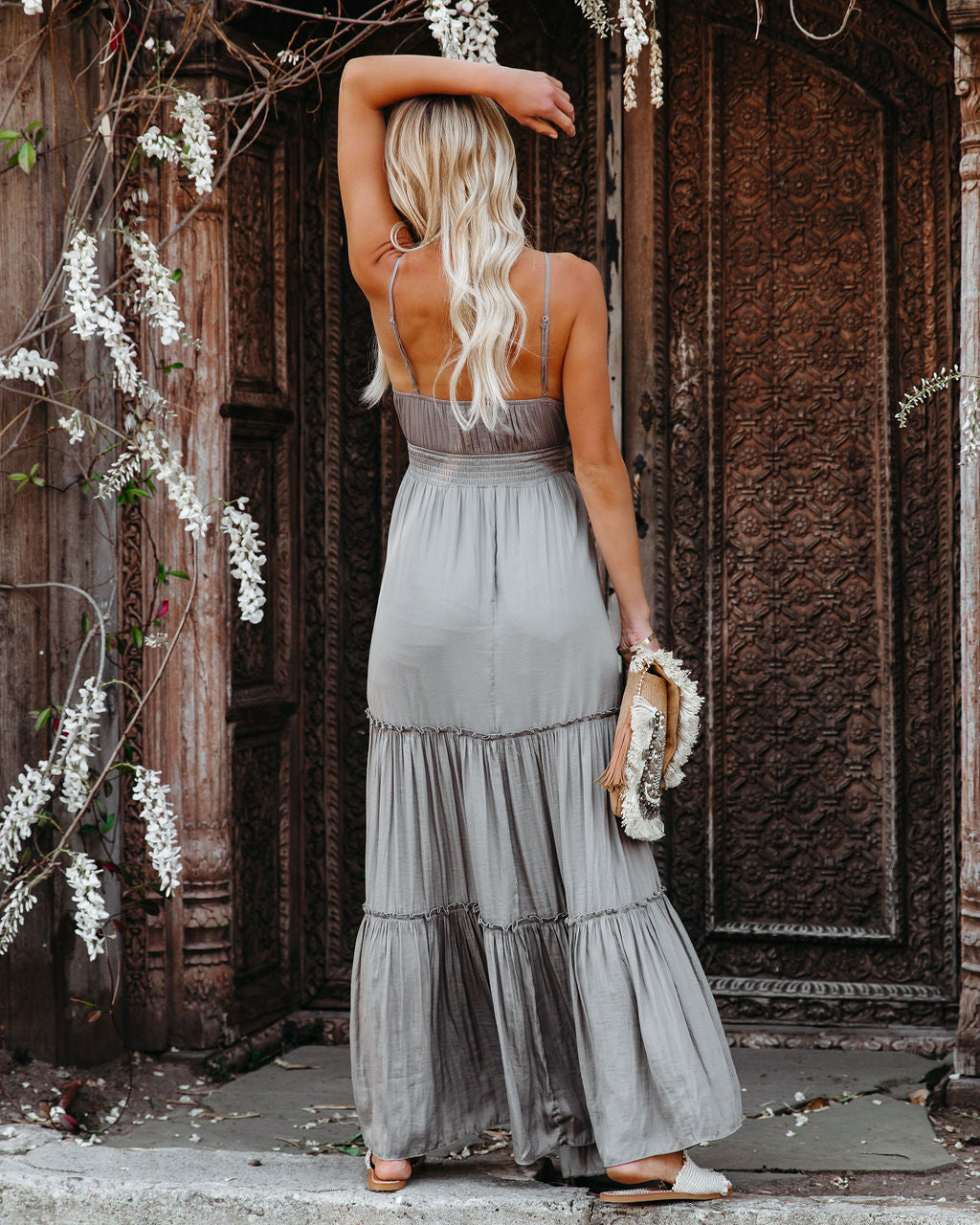 V-Neck Tie Front Cutout Tiered Maxi Dress