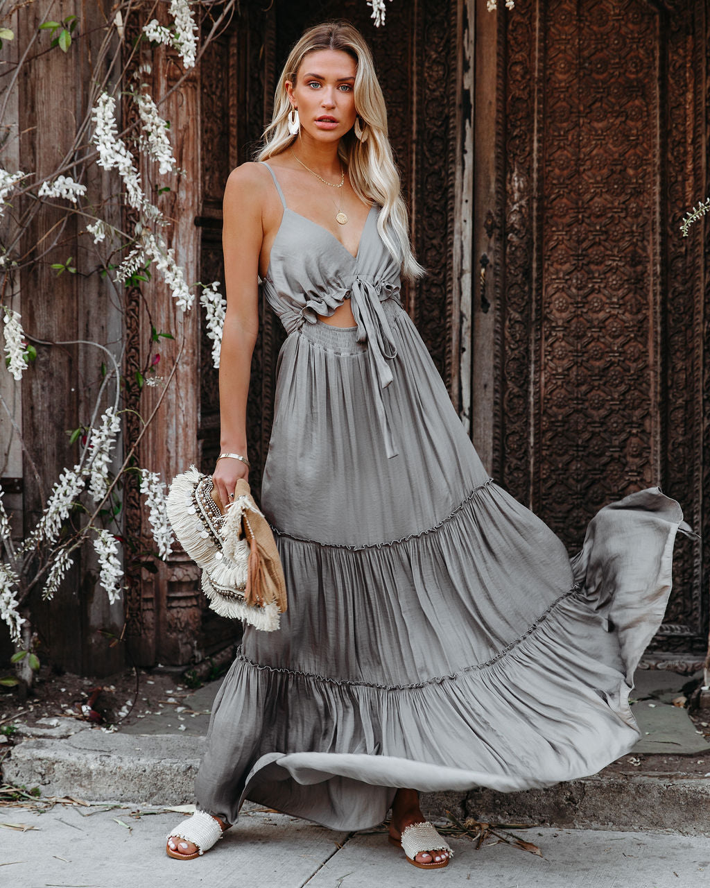V-Neck Tie Front Cutout Tiered Maxi Dress