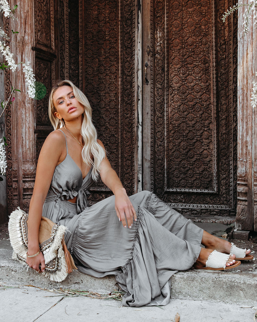 V-Neck Tie Front Cutout Tiered Maxi Dress