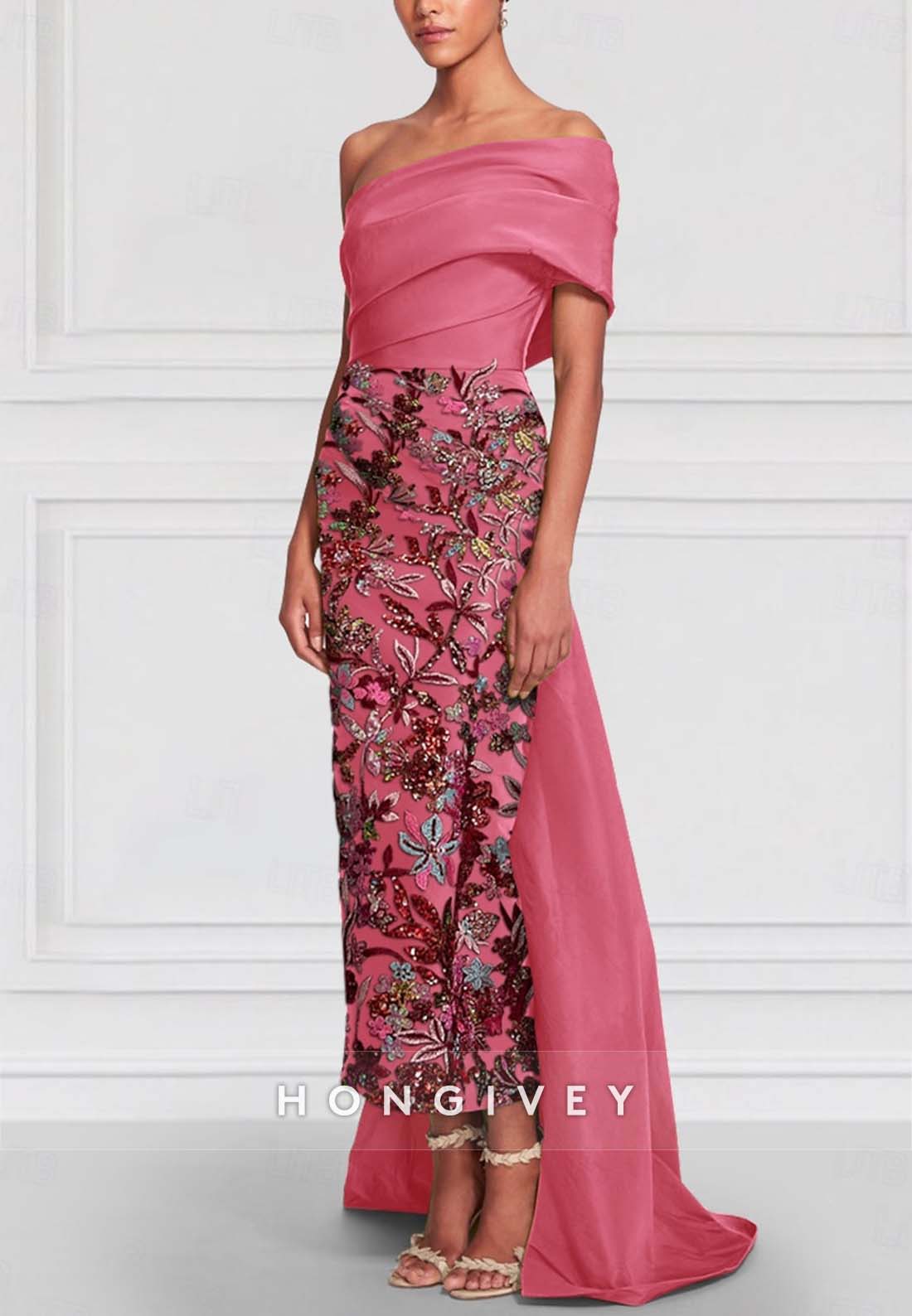 Shawl One Shoulder Asymmetrical Sheath Evening Gown Bead embroidery Mother of the Bride