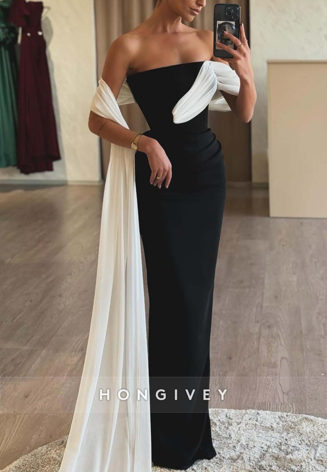 Strapless Pleated Shawl Low Back Side Draping Sheath Evening Gown