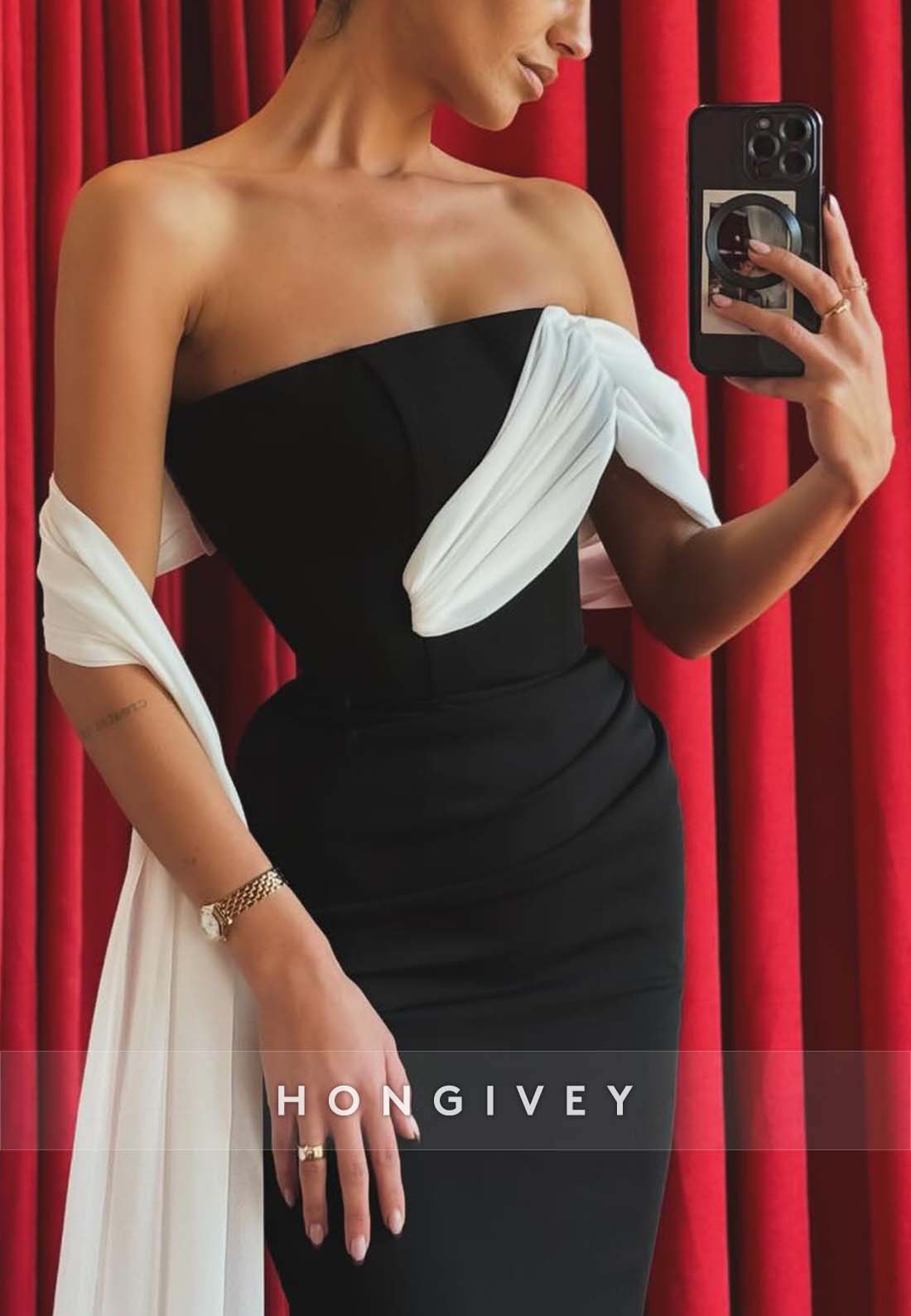 Strapless Pleated Shawl Low Back Side Draping Sheath Evening Gown