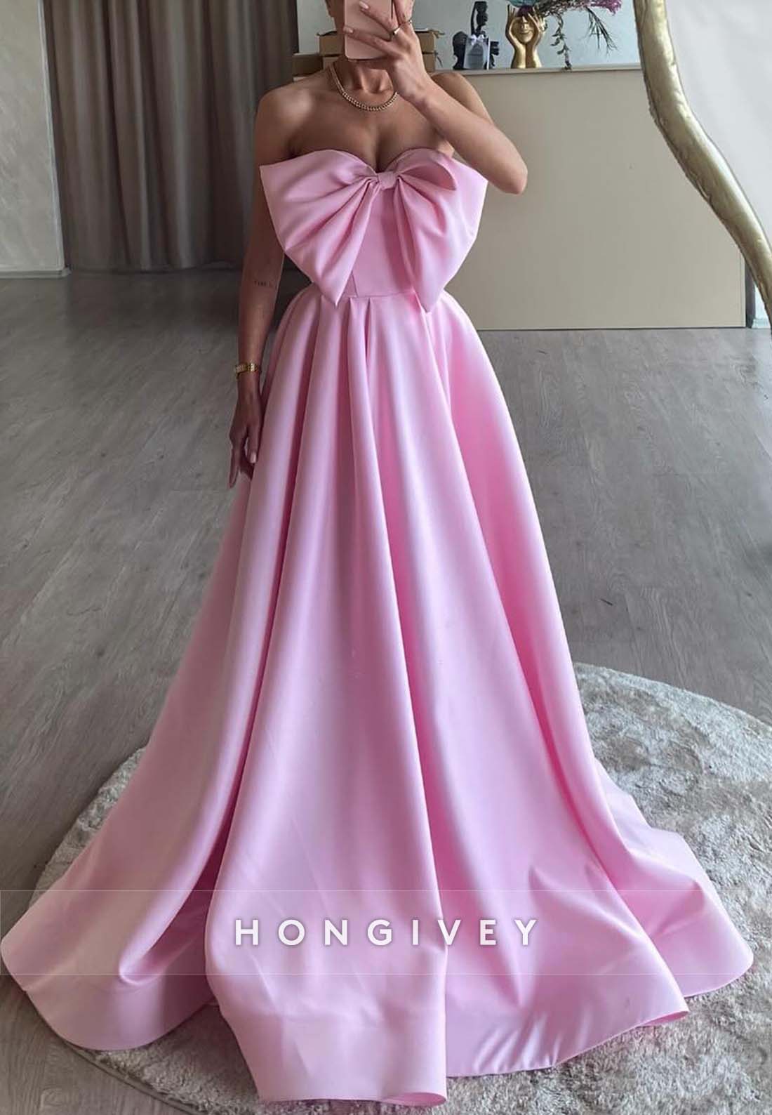 Bowknot Princess Strapless Pleated Sweep Train Satin Empire Evening Gown
