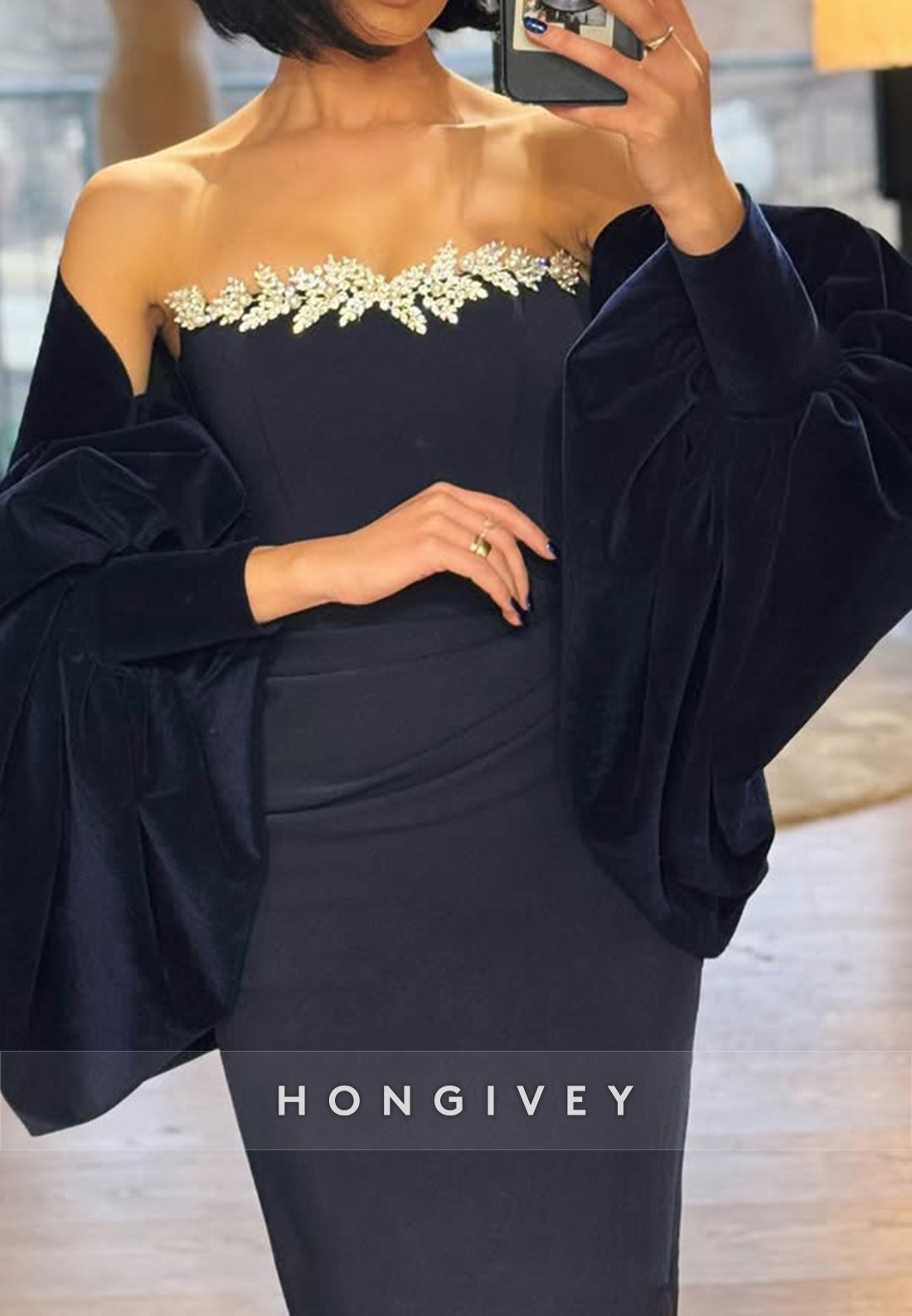 Women Two Piece Formal Outfits Beaded Strapless Fitted Sheath Evening Dress Black
