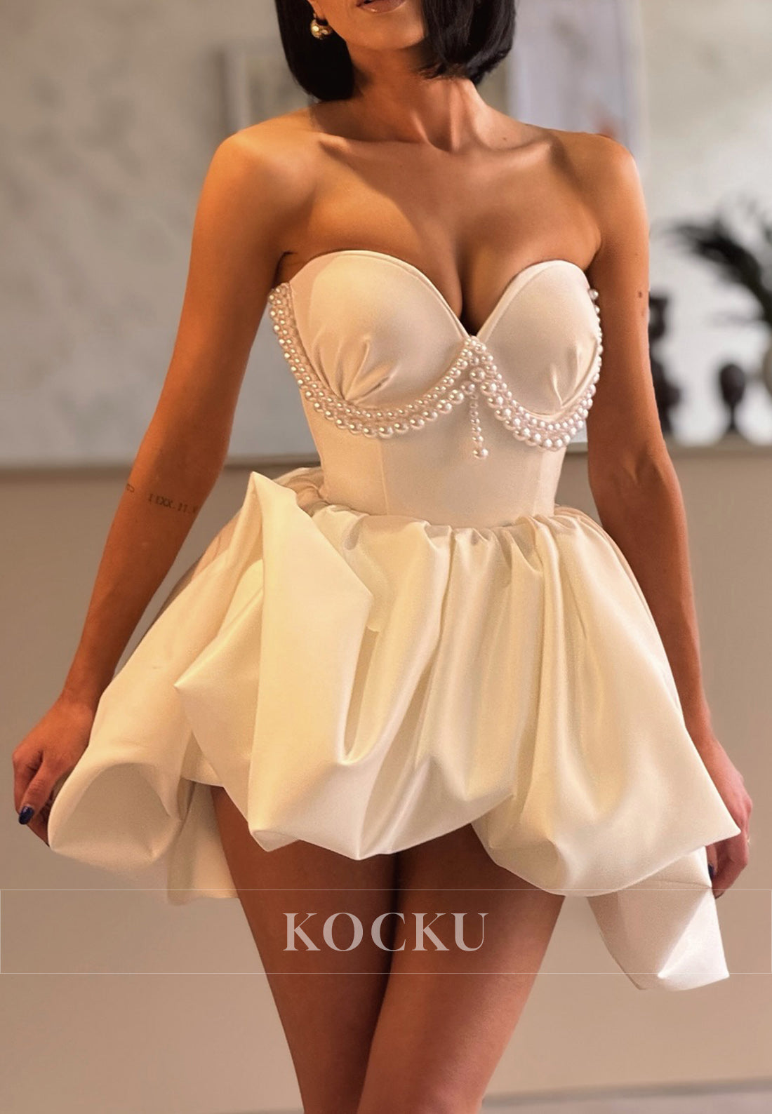 Sweetheart Pearl - Embellished Satin Mini Ball Gown Wedding Dress