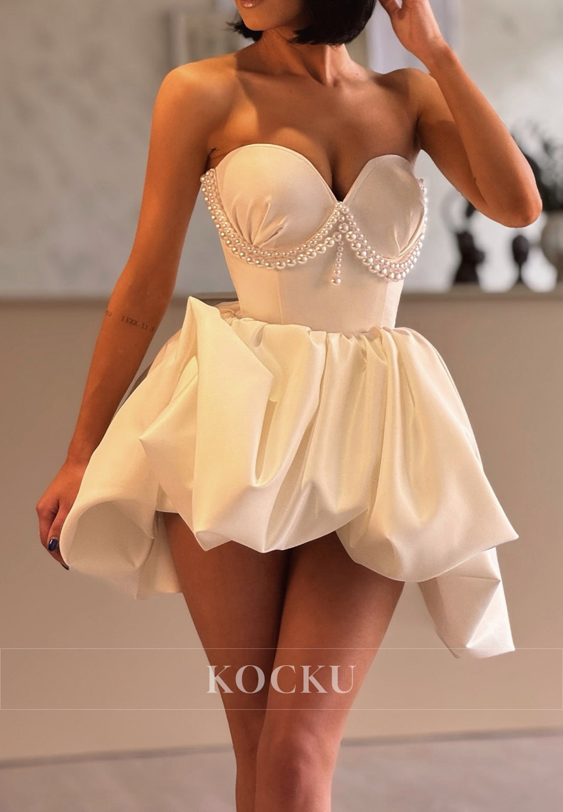 Sweetheart Pearl - Embellished Satin Mini Ball Gown Wedding Dress