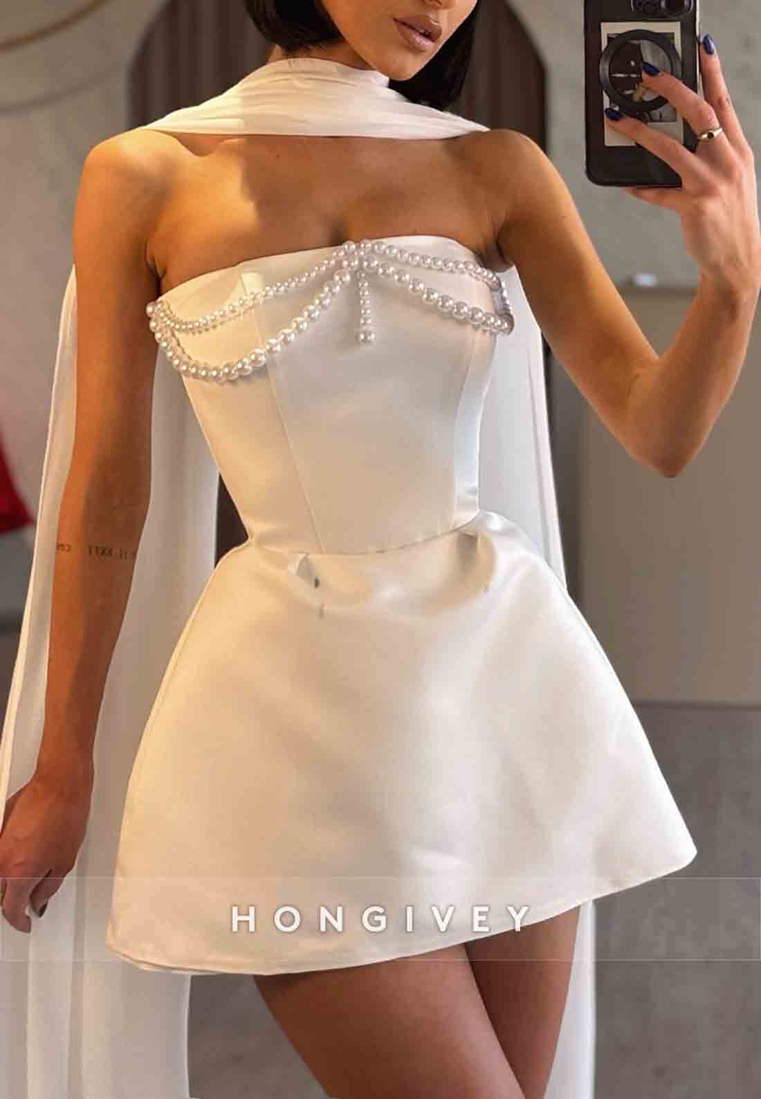 Sleeveless Pearls A-Line Strapless Pleated Party Mini Homecoming Dresses
