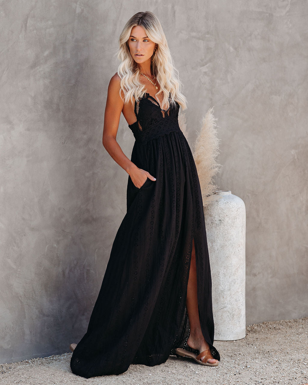 Lace Eyelet V-Neck High Split Maxi Dress 10