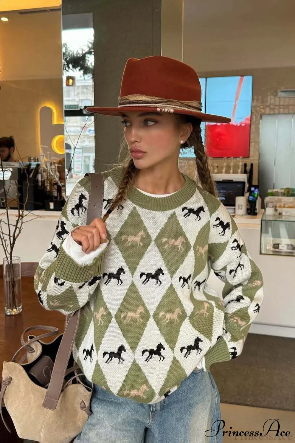 PrincessAce Argyle Colorblock Crew Neck Pullover Sweater