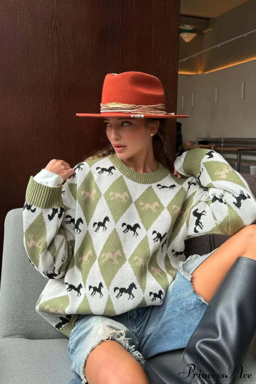 PrincessAce Argyle Colorblock Crew Neck Pullover Sweater