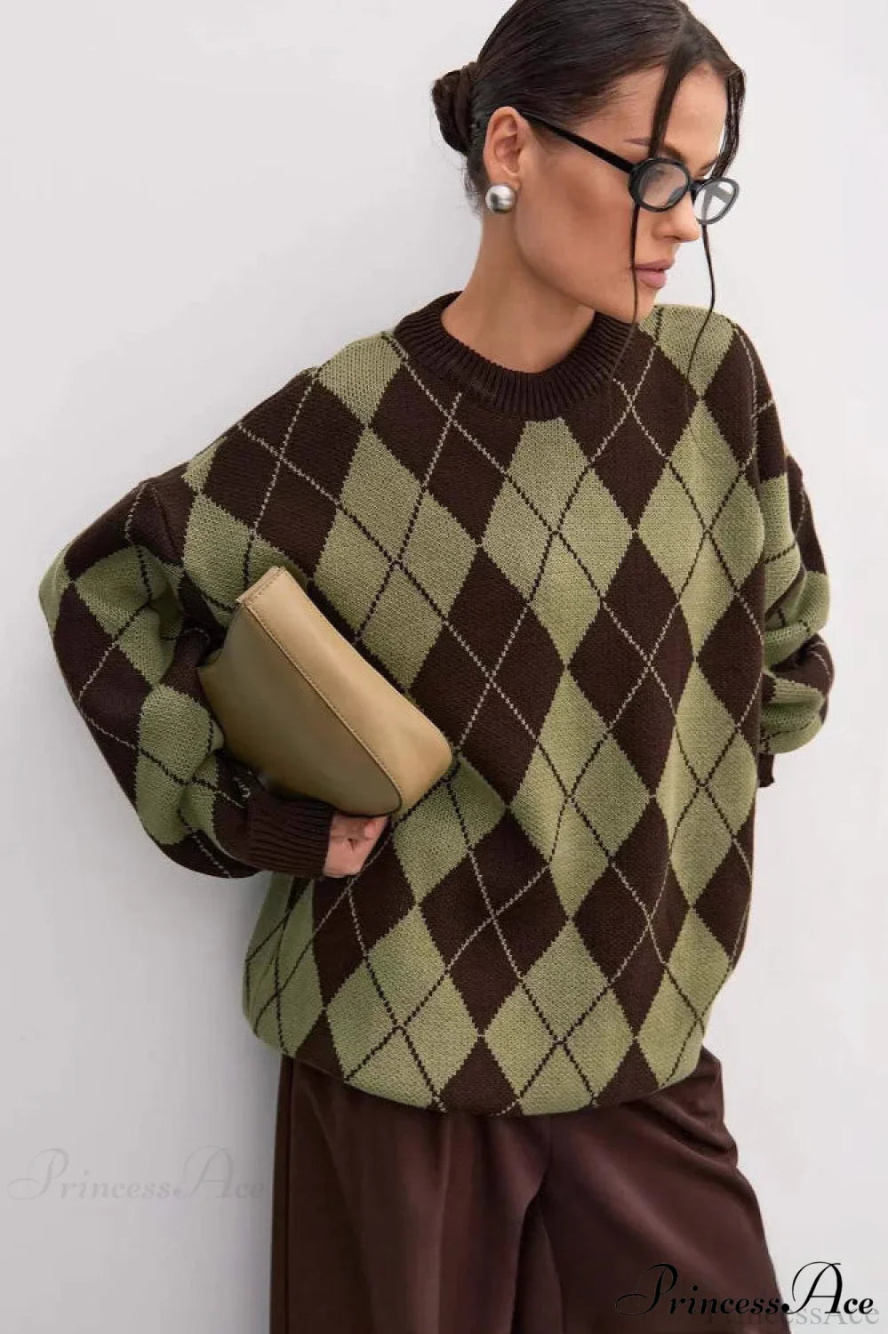 PrincessAce Argyle Crew Neck Oversized Pullover Sweater