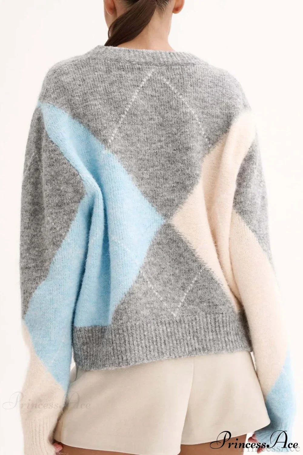 Argyle Pattern Crew Neck Pullover Long Sleeve Warm Sweater