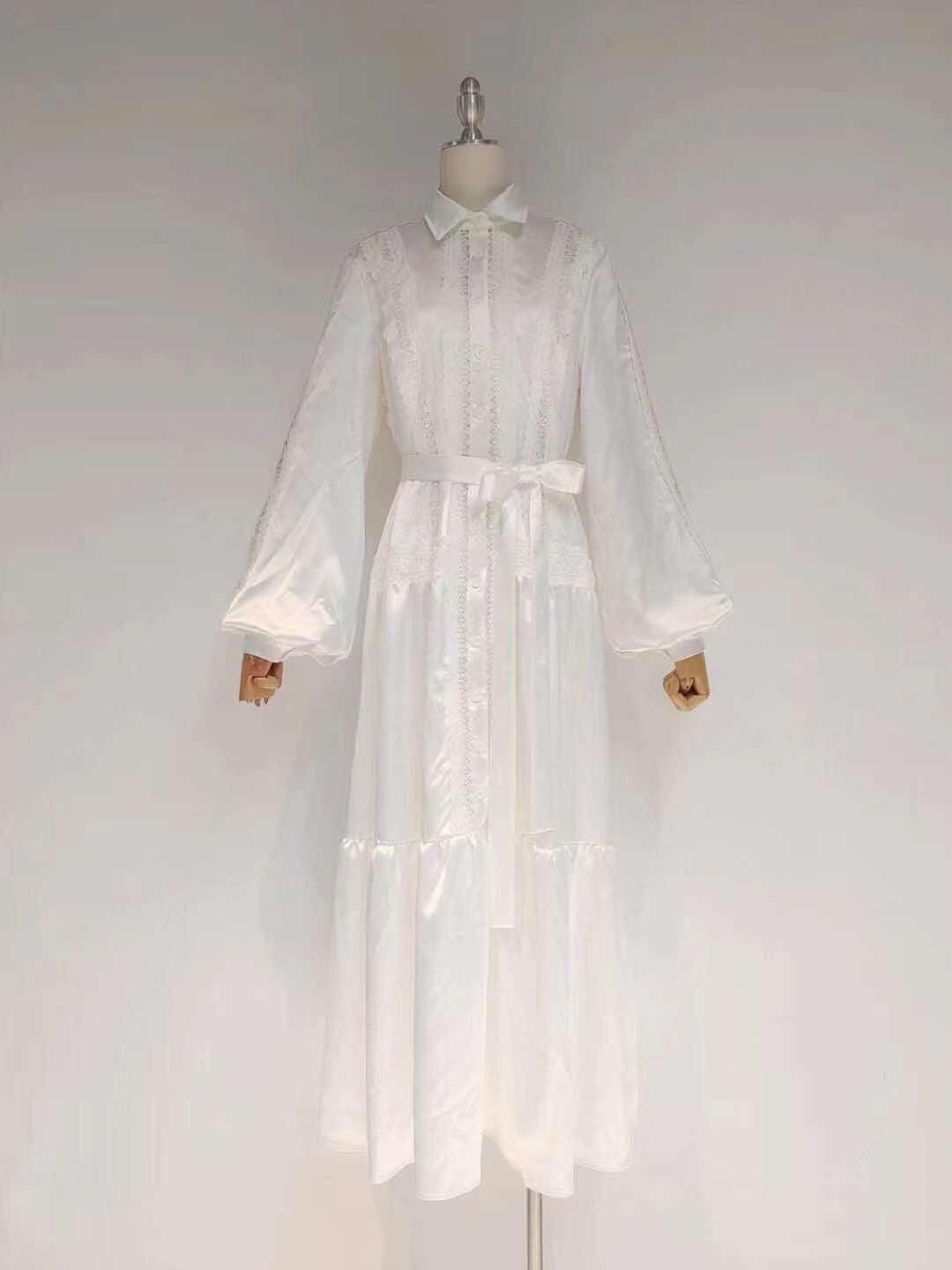 Satin Collared Long Sleeve Lace Trim Tiered Maxi Dress