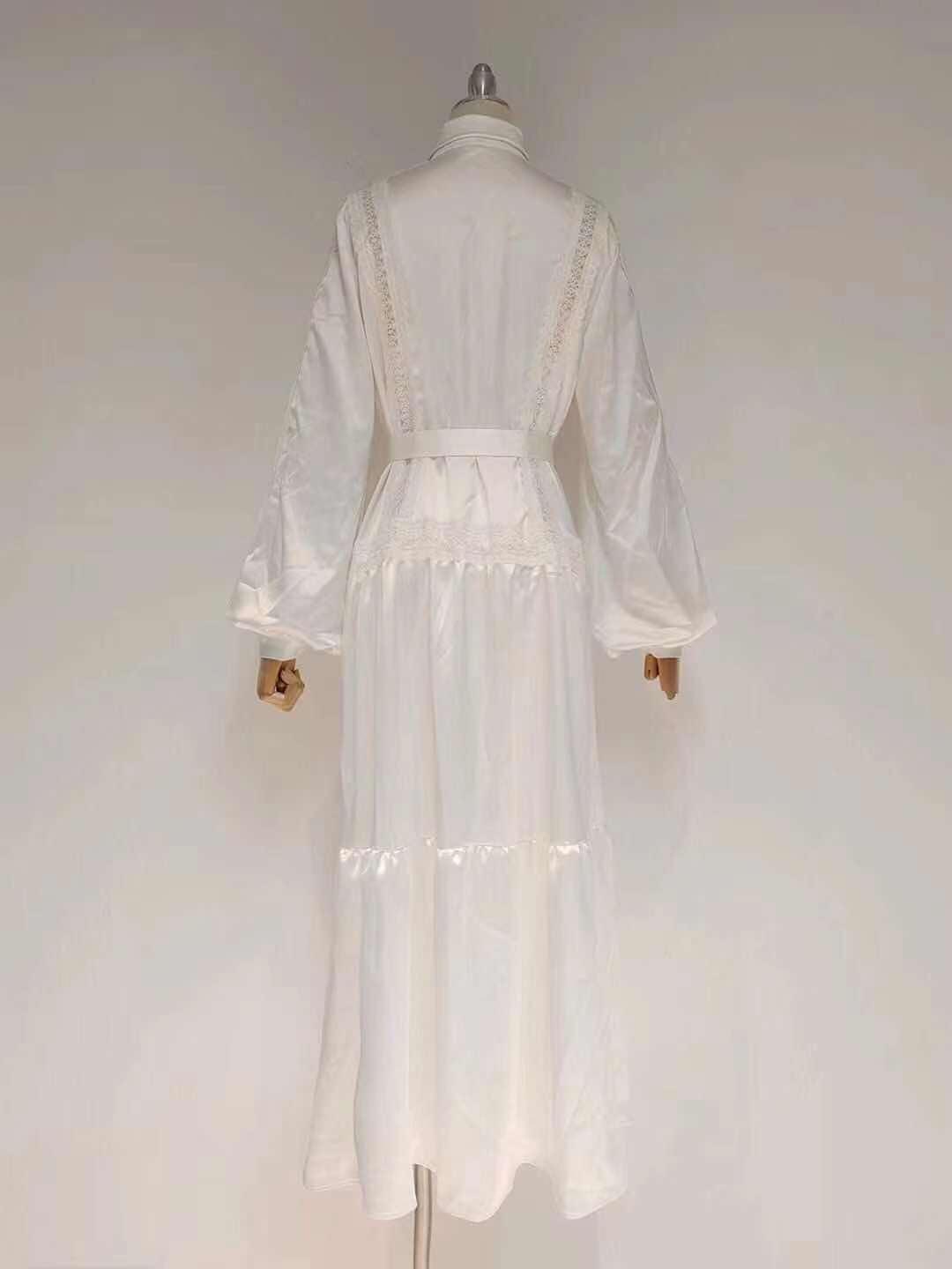 Satin Collared Long Sleeve Lace Trim Tiered Maxi Dress