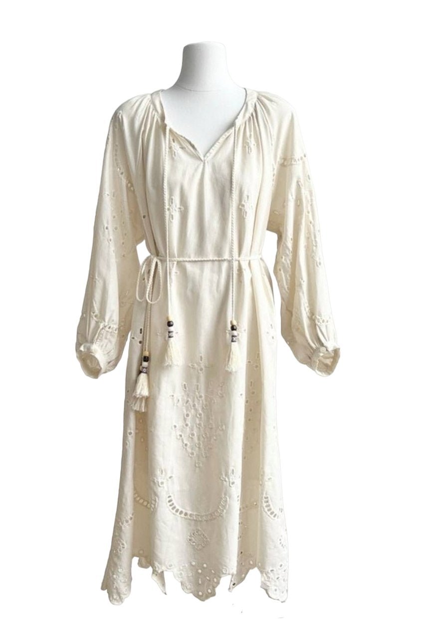 Eyelet Lace Tassel Tie Puff Sleeve Scalloped Mini Dress - View 6