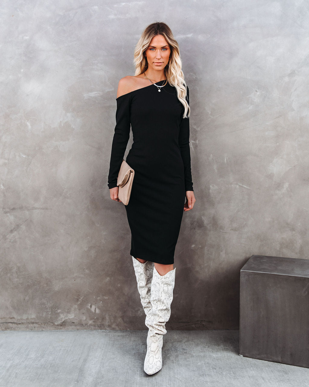 Ribbed One Shoulder Long Sleeve Bodycon Midi Dress