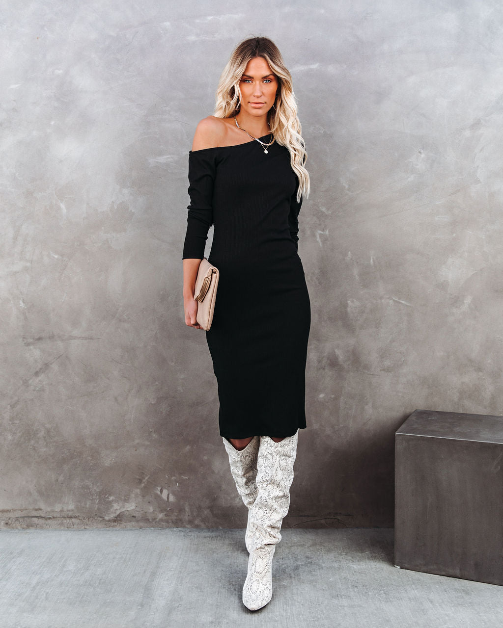 Ribbed One Shoulder Long Sleeve Bodycon Midi Dress
