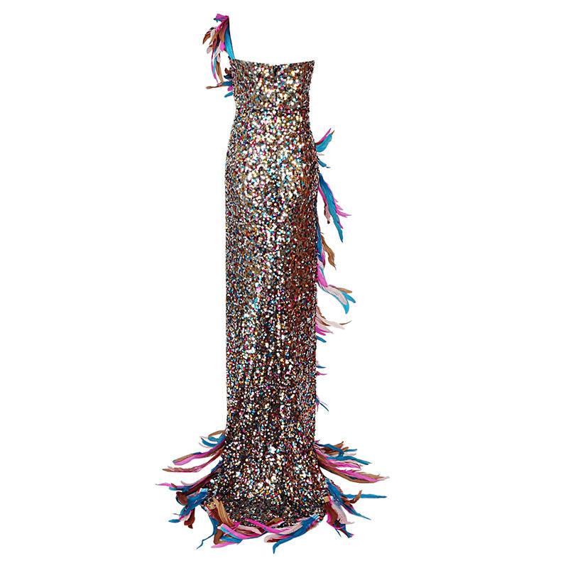 Arine Asymmetric Embellished Feather Trim Maxi Dress - Fashionpara