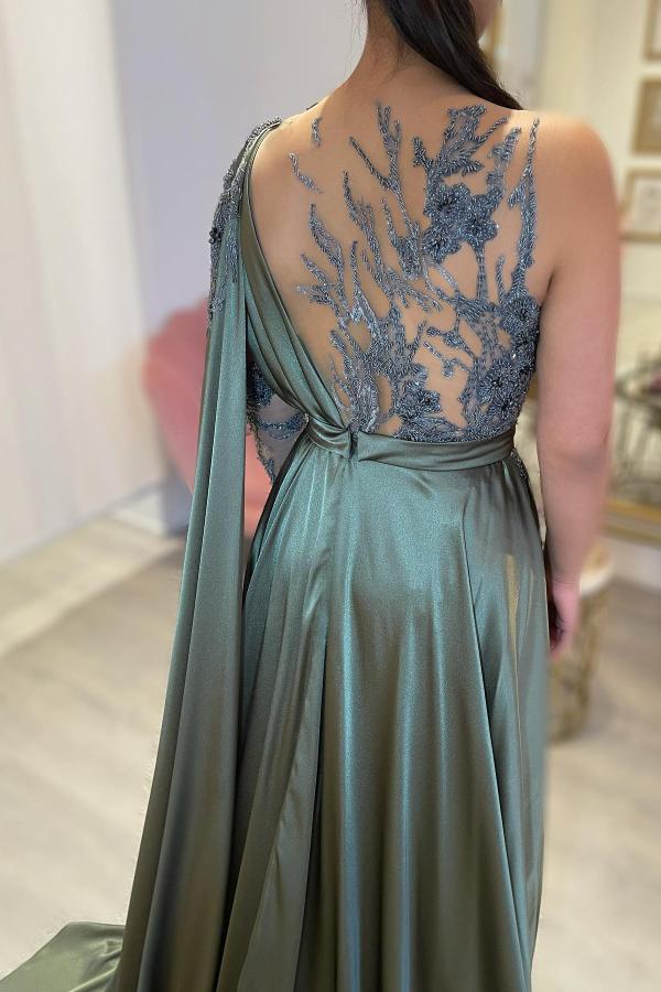 Army Green Long Sleeve Prom Dress One Shoulder With Appliques - Fashionpara