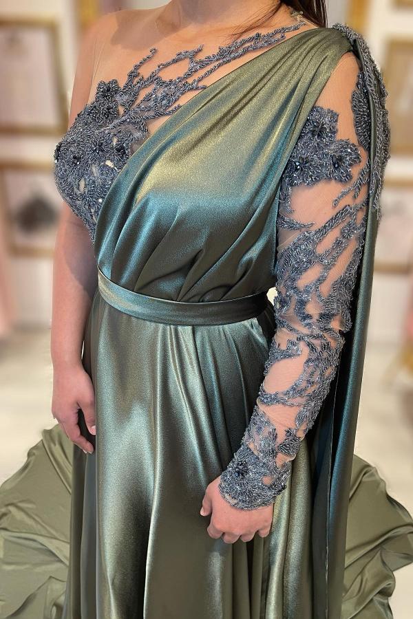 Army Green Long Sleeve Prom Dress One Shoulder With Appliques - Fashionpara