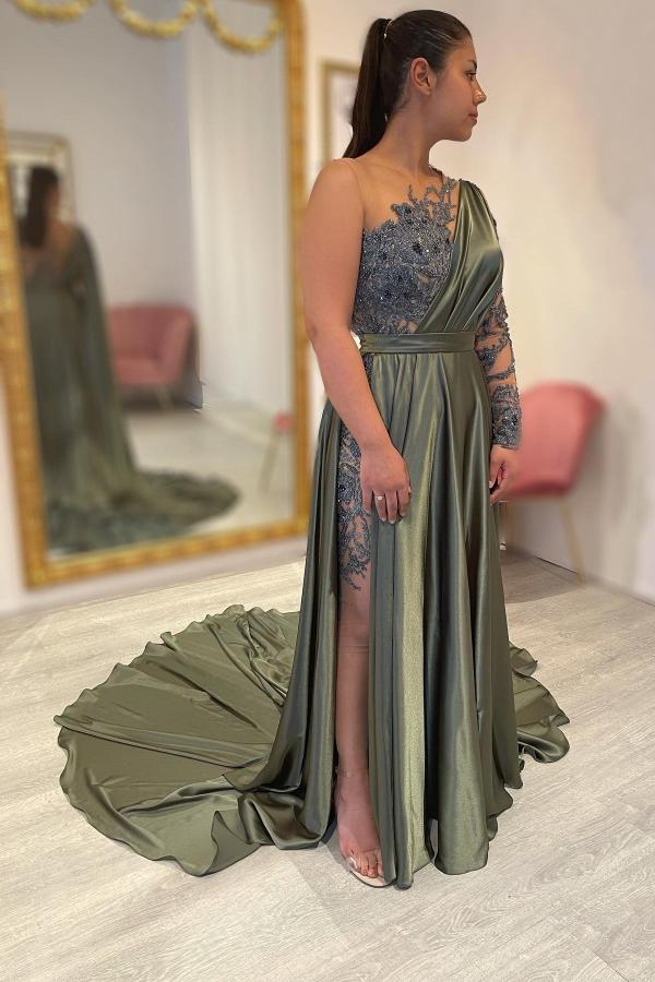 Army Green Long Sleeve Prom Dress One Shoulder With Appliques - Fashionpara