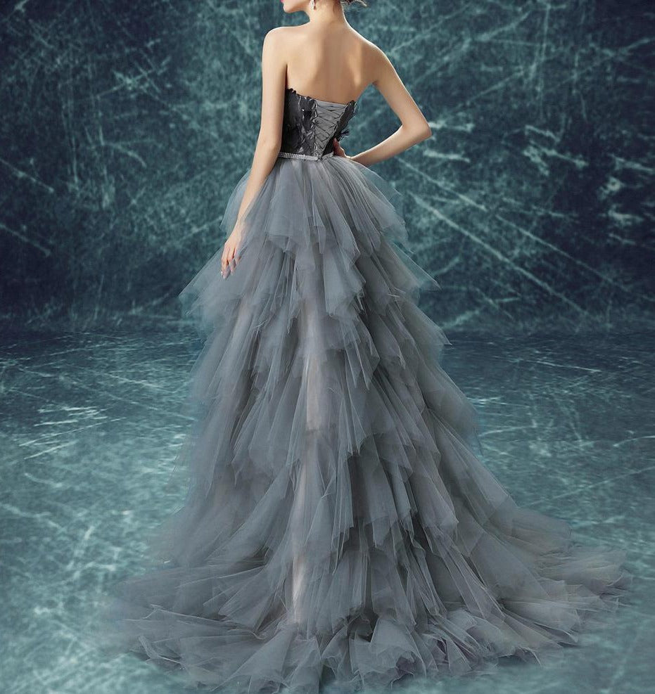 Arnia Strapless Feather Trim Asymmetric Chiffon Hem Dress - Fashionpara