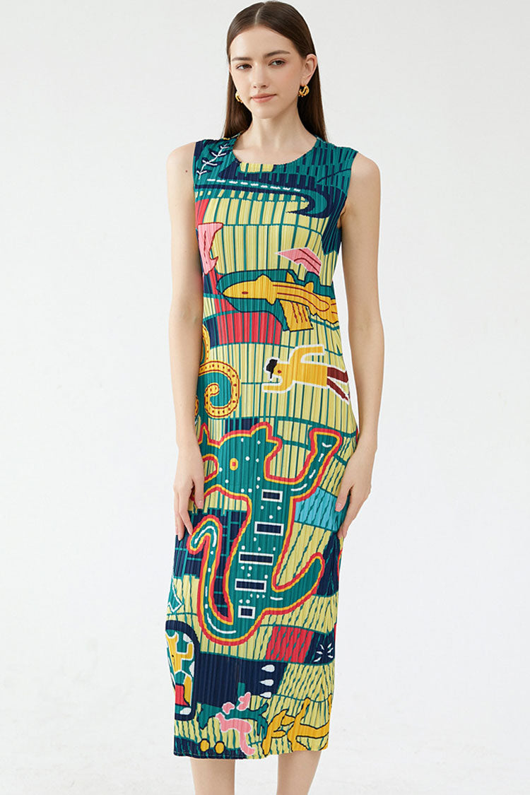 Artistic Print Crew Neck Sleeveless Pleated Bodycon Midi Dress - Green - Fashionpara