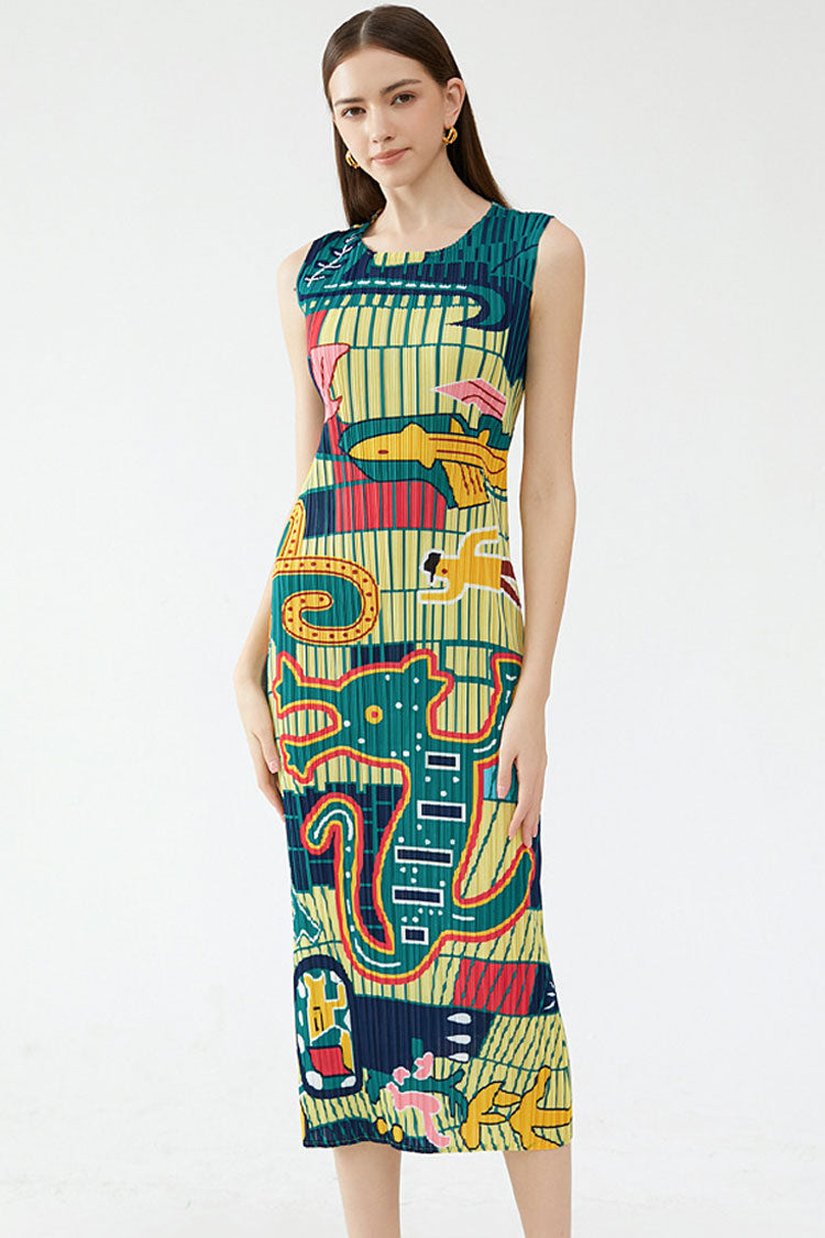 Artistic Print Crew Neck Sleeveless Pleated Bodycon Midi Dress - Green - Fashionpara