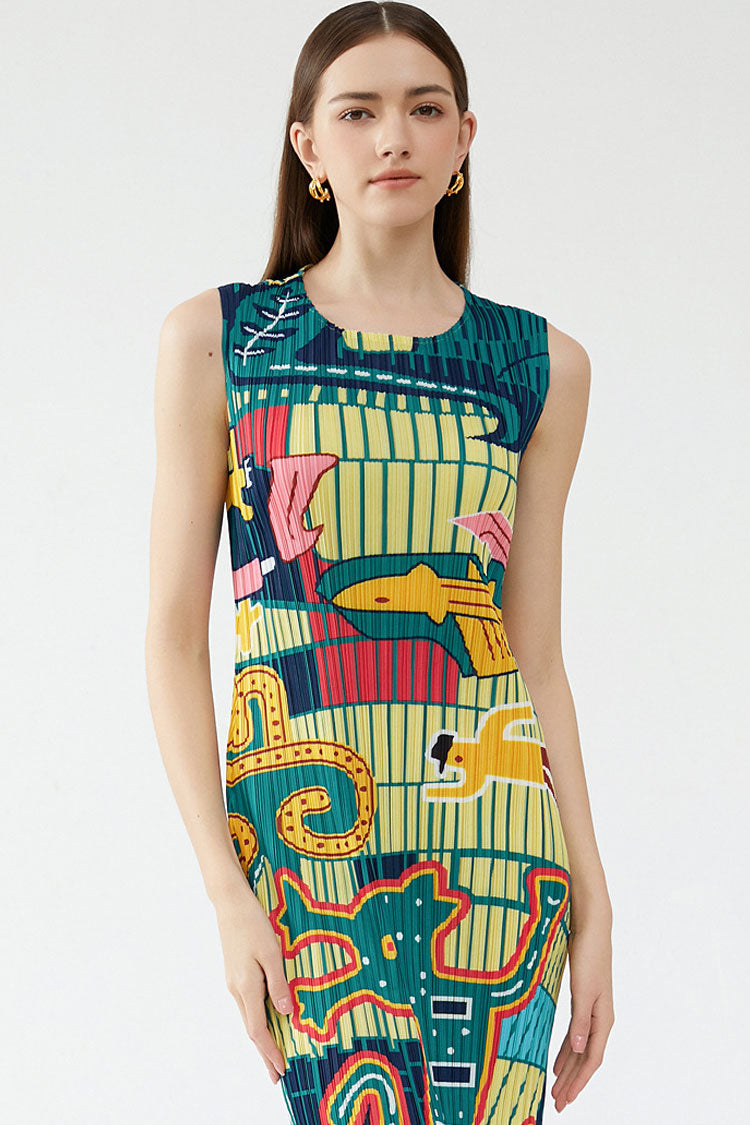 Artistic Print Crew Neck Sleeveless Pleated Bodycon Midi Dress - Green - Fashionpara