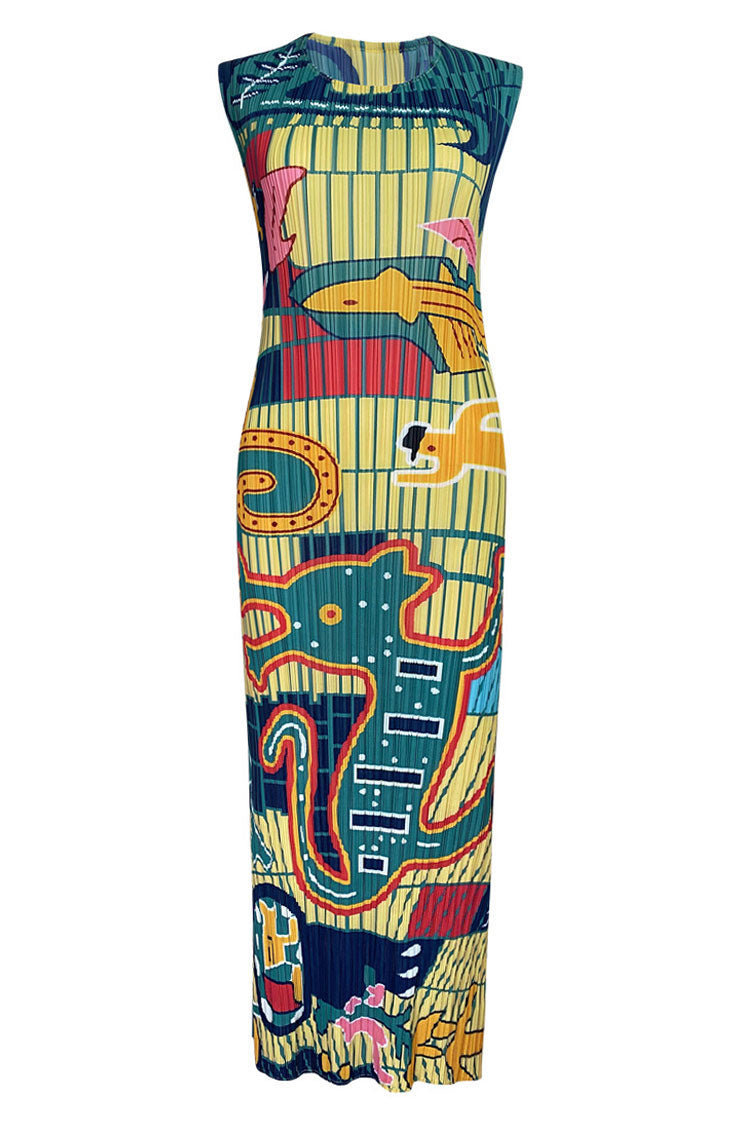 Artistic Print Crew Neck Sleeveless Pleated Bodycon Midi Dress - Green - Fashionpara