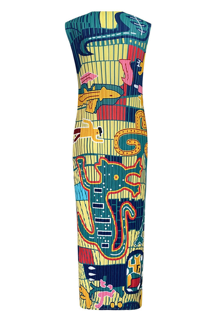 Artistic Print Crew Neck Sleeveless Pleated Bodycon Midi Dress - Green - Fashionpara
